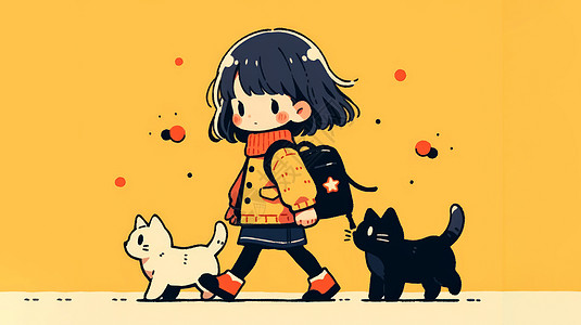 简笔卡通可爱的卡通小女孩背着黑色与两只宠物猫排队走路插画