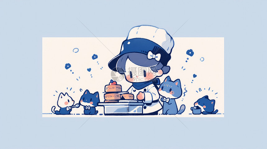 可爱的卡通小男孩厨师在做饭宠物猫在旁边图片
