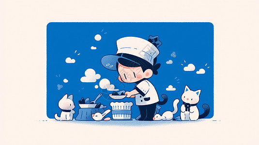 可爱的卡通男孩在给宠物猫做饭图片