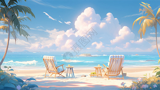 云朵下大海沙滩上两把休闲椅子面向大海卡通风景图片