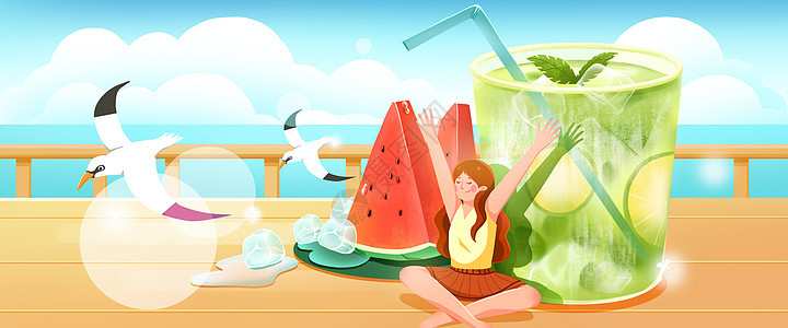 夏日清新海边少女乘凉巨大西瓜清凉饮品主题横版扁平风插画图片