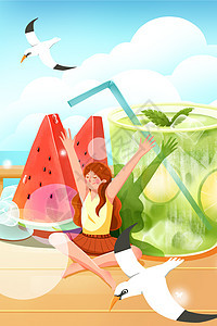 夏日海边少女乘凉巨大西瓜和沁凉饮品主题竖版插画图片