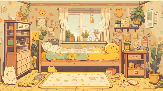 黄色调可爱的卡通卧室图片