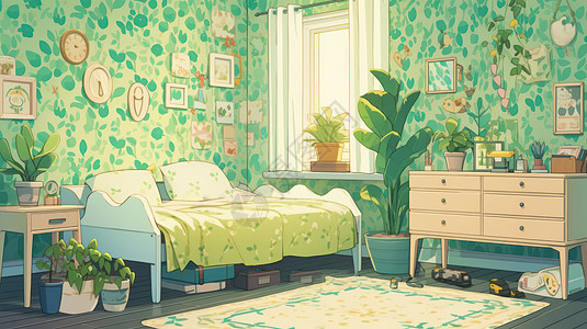 绿色调满满的壁纸墙面与木质复古床卡通卧室背景图片