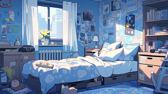 蓝色调卡通卧室床旁边放着书架图片