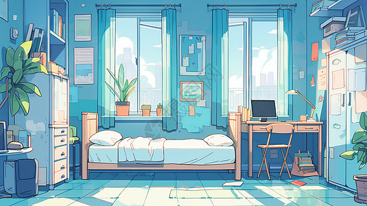 蓝色调温馨的卡通儿童卧室图片