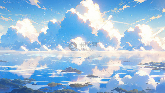 唯美卡通风景一望无际的大海与高高的云朵图片