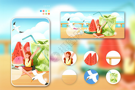 夏日海边少女乘凉巨大西瓜和沁凉饮品主题运营插画图片
