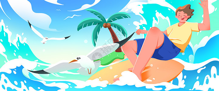 夏日海边冲浪少年横版插画图片