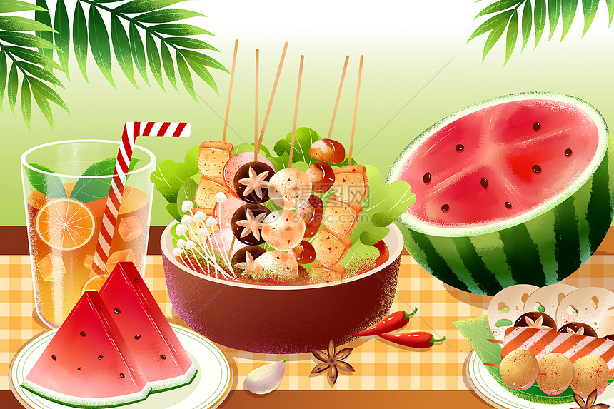 西瓜与炸串美食插画图片