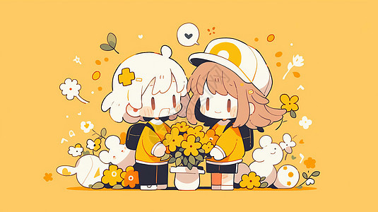黄色背景两个一起搬花朵的可爱卡通女孩图片