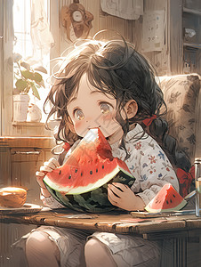 扎辫子的可爱小女孩吃西瓜背景图片
