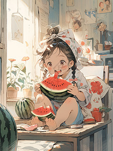 扎着头巾在家吃西瓜的女孩背景图片