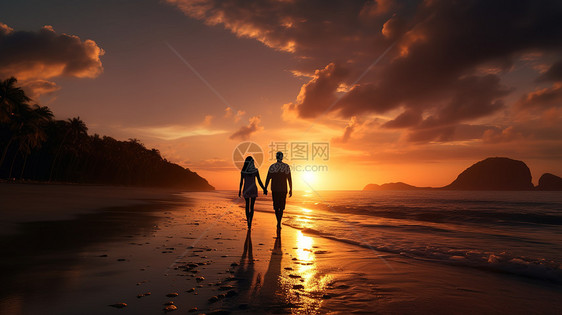 黄昏日落时分在海滩上散步的情侣剪影图片
