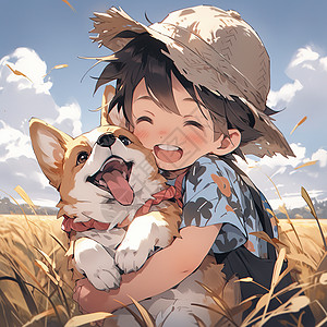 稻田里抱着小动物的卡通小男孩高清图片