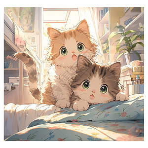在床上的可爱猫咪插画图片