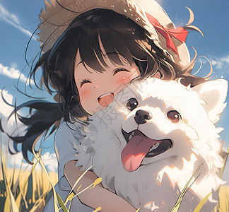 夏天抱着狗狗开心笑的小女孩图片