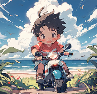 骑着电瓶车出行郊游的小男孩二次元可爱插画背景图片