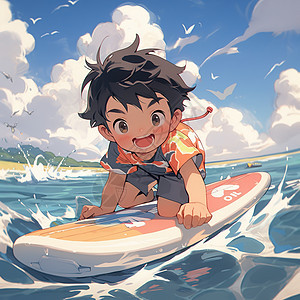 夏天在海边冲浪的小男孩动漫二次元清凉插画图片