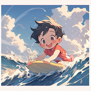 夏天在海边冲浪的小男孩卡通二次元清凉插画图片