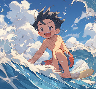 夏天在海边冲浪的小男孩卡通动漫二次元插画图片