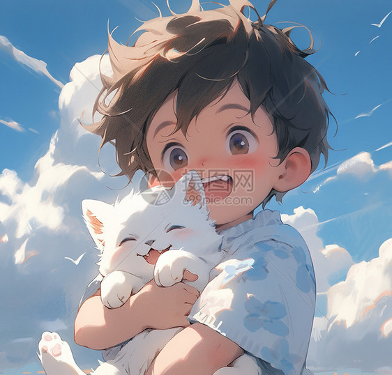 夏天田园里抱着猫咪的小男孩动漫卡通二次元插画图片