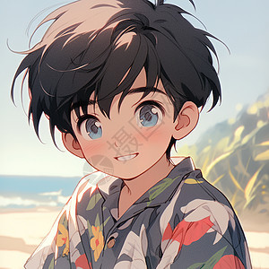 夏天在沙滩边上的小男孩动漫可爱插画图片