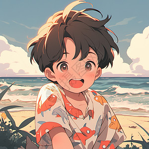 夏天在沙滩边上的小男孩动漫二次元可爱插画图片