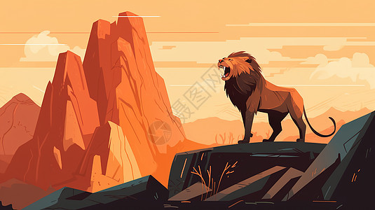 站在石峰上的狮子卡通扁平插画图片