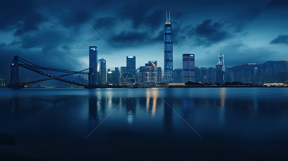 城市商圈江边夜景概念图图片