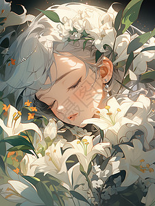 躺在百合花从睡着的少女图片