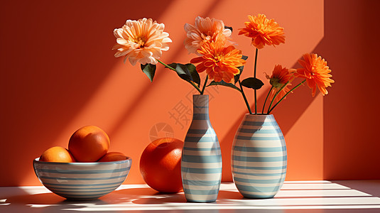 插在条纹花瓶中的鲜花放和条纹碗背景图片