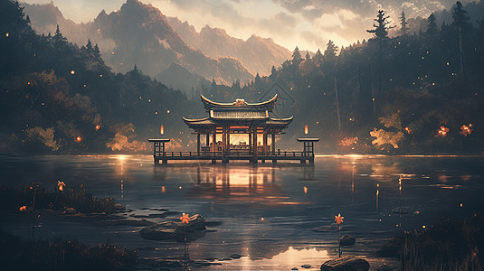 中式湖上庭院图片