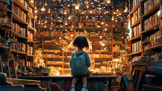 小女孩看着图书馆里的点点星光图片