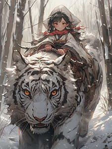 小女孩骑着白虎在雪地行走图片