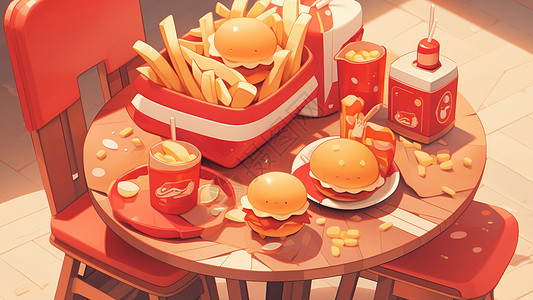 餐桌上美味的汉堡薯条美食卡通套餐图片