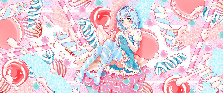 夏日海盐糖果马卡龙冰淇淋女孩系列插画banner图片