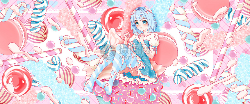 夏日海盐糖果马卡龙冰淇淋女孩系列插画banner图片