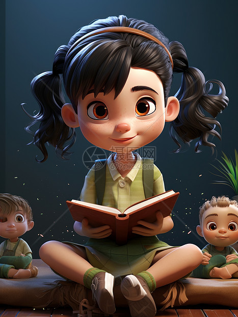 可爱的卡通小女孩坐在地上看书图片