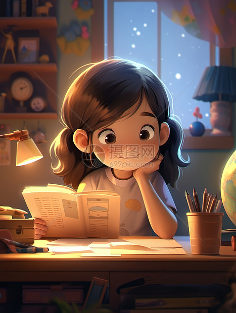 在台灯下学习的可爱卡通小女孩图片
