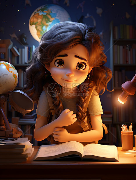 夜晚在书桌上看书微笑的可爱的卡通女孩图片