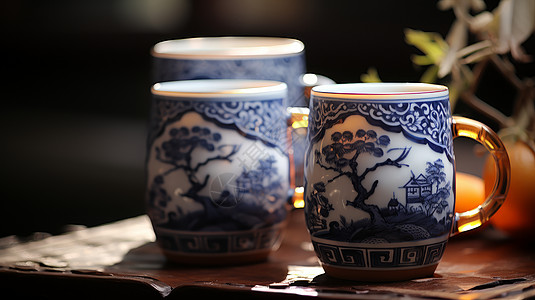 白酒展示古风青花瓷杯子传统瓷器插画