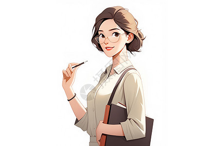 戴着眼镜手拿笔时尚有气质的卡通女老师背景图片