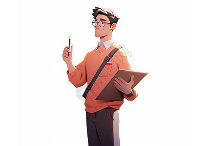 手拿笔抱着书本的时尚卡通男老师背景图片
