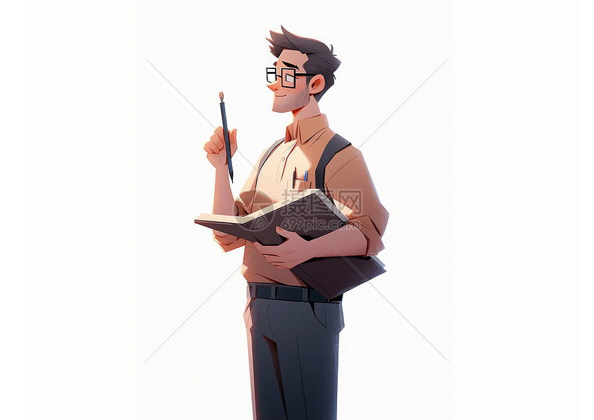 有胡子拿着书本和笔在思考的卡通男老师图片