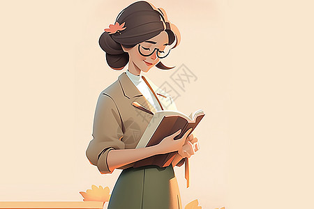 低头看书微笑的卡通女老师图片