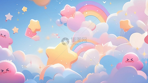 梦幻卡通可爱的上美丽的彩虹与小星星图片