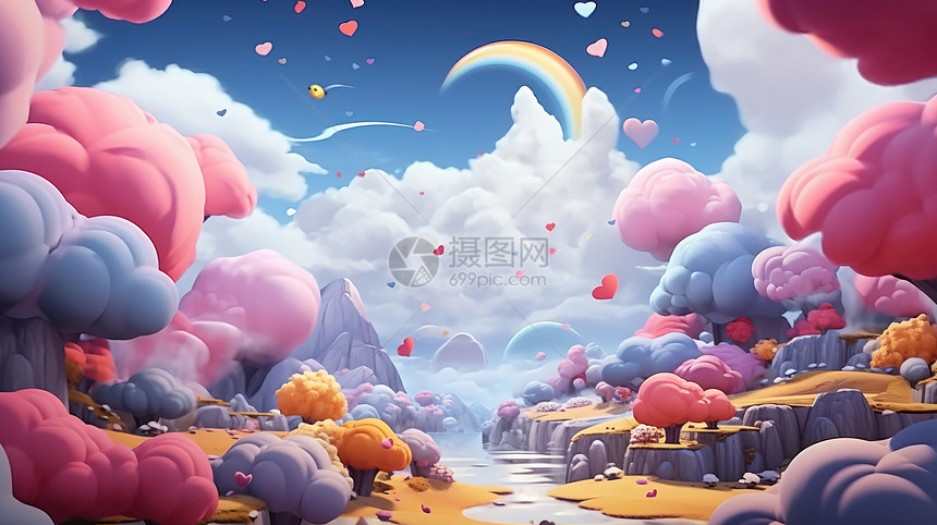 超现实梦幻卡通风景彩色云与山川背景图片