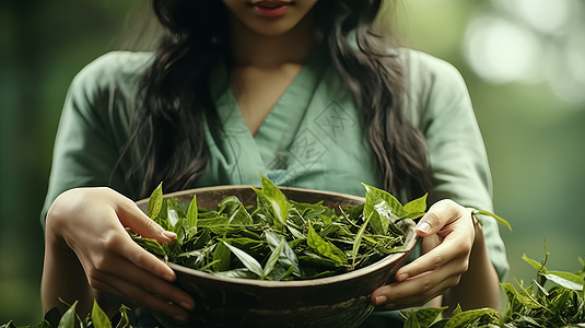 女人端着在竹筐中的新鲜茶叶图片