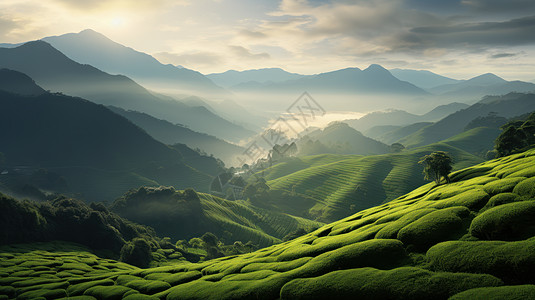 清晨高山上碧绿色的茶园高清图片